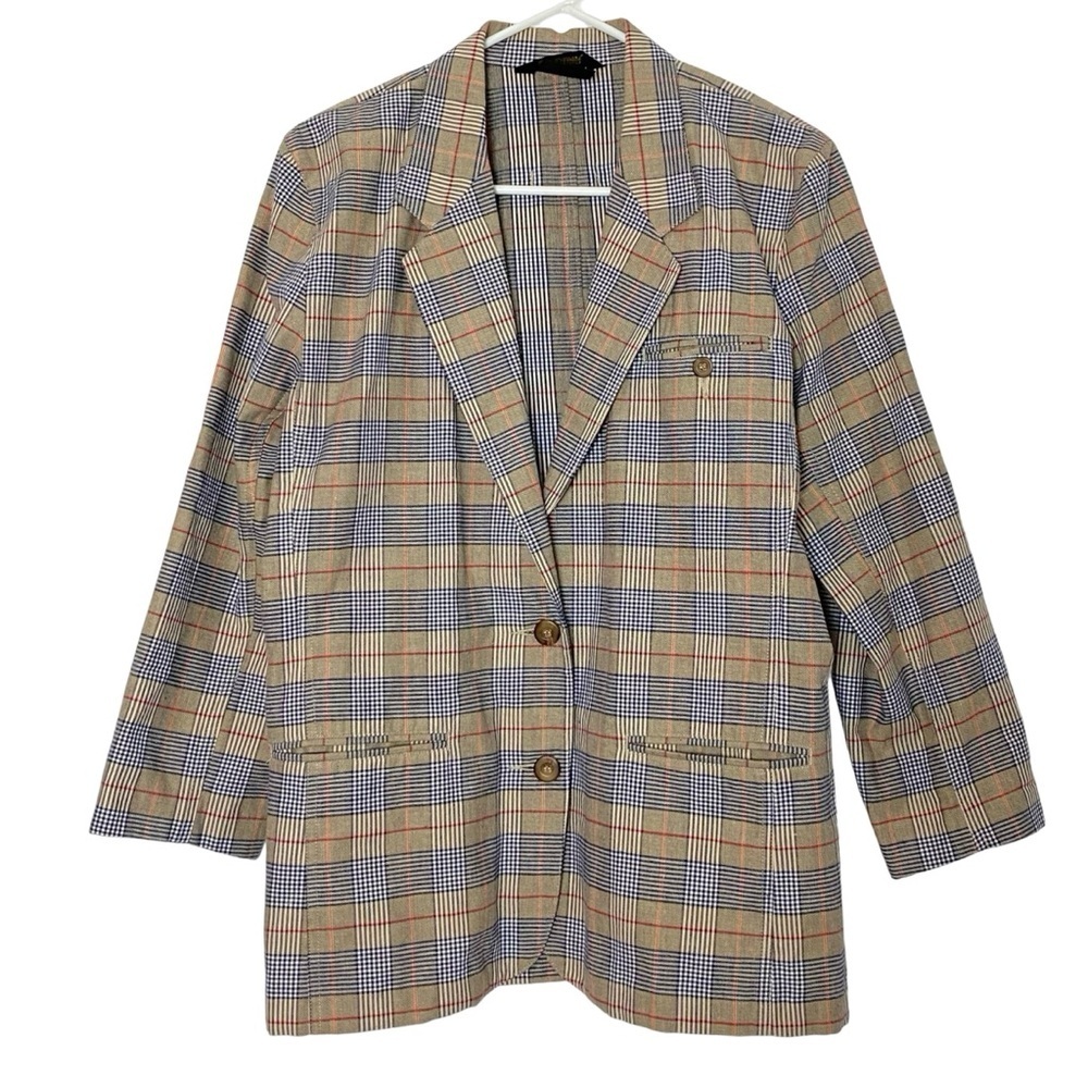 Vintage 90s Plaid Blazer Jacket Womens Size 6 Small Liz Sport Tan Black Pockets
